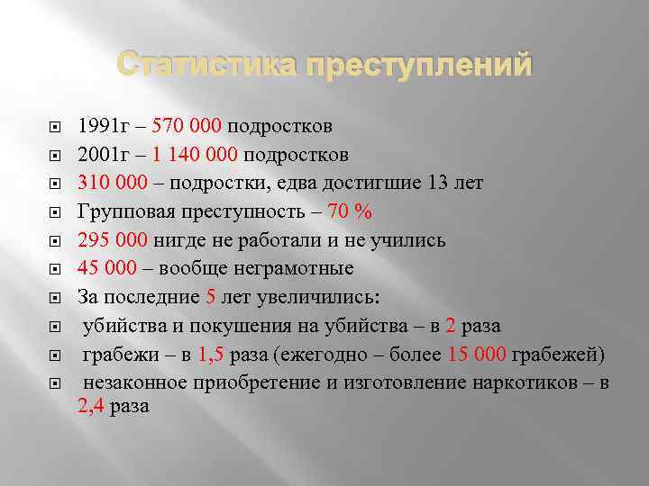 Статистика преступлений 1991 г – 570 000 подростков 2001 г – 1 140 000