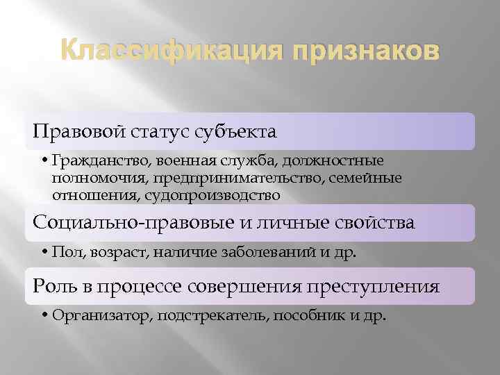 Классификация признаков Правовой статус субъекта • Гражданство, военная служба, должностные полномочия, предпринимательство, семейные отношения,