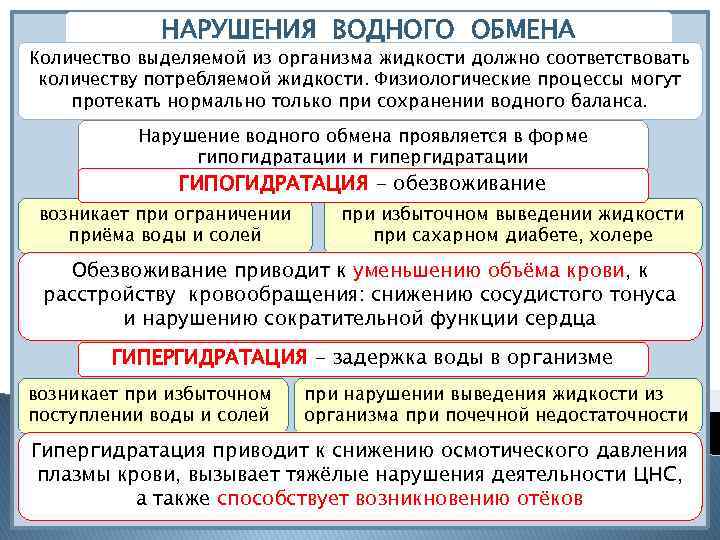 НАРУШЕНИЯ ВОДНОГО ОБМЕНА Количество выделяемой из организма жидкости должно соответствовать количеству потребляемой жидкости. Физиологические