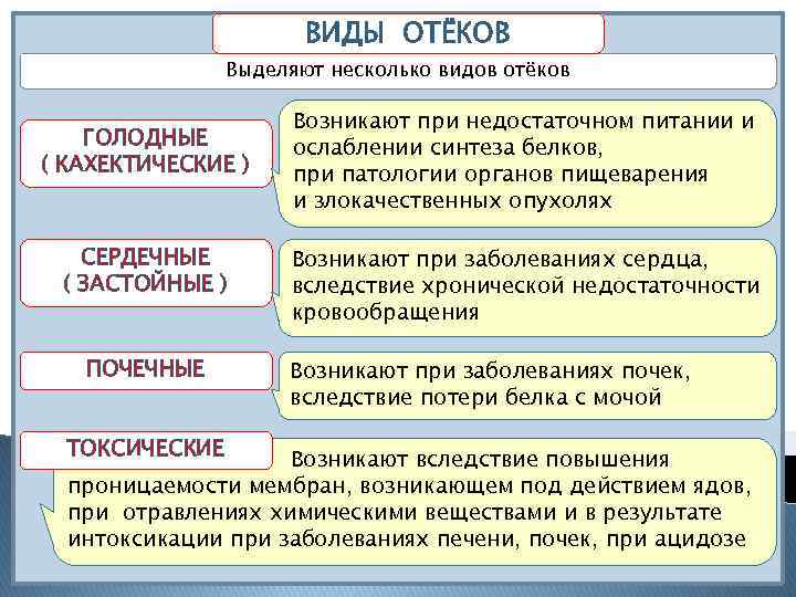 ВИДЫ ОТЁКОВ Выделяют несколько видов отёков ГОЛОДНЫЕ ( КАХЕКТИЧЕСКИЕ ) СЕРДЕЧНЫЕ ( ЗАСТОЙНЫЕ )