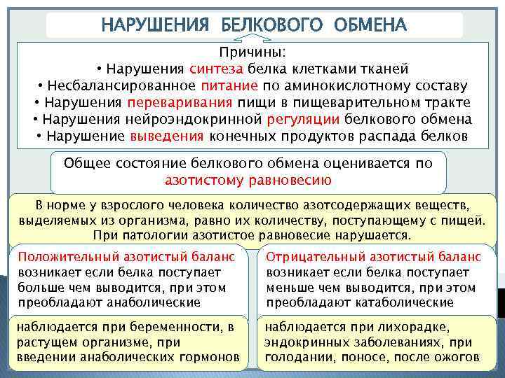 НАРУШЕНИЯ БЕЛКОВОГО ОБМЕНА Причины: • Нарушения синтеза белка клетками тканей • Несбалансированное питание по