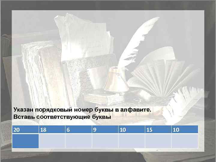 Указан порядковый номер буквы в алфавите. Вставь соответствующие буквы 20 18 6 9 10