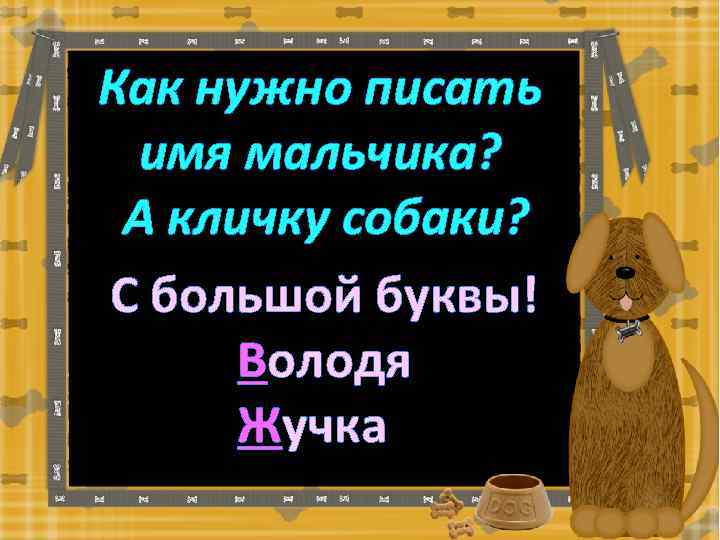 Как нужно писать имя мальчика? А кличку собаки? С большой буквы! Володя Жучка 