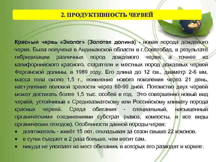 2. ПРОДУКТИВНОСТЬ ЧЕРВЕЙ Красный червь «Эколог» (Золотая долина) - новая порода дождевого червя. Была