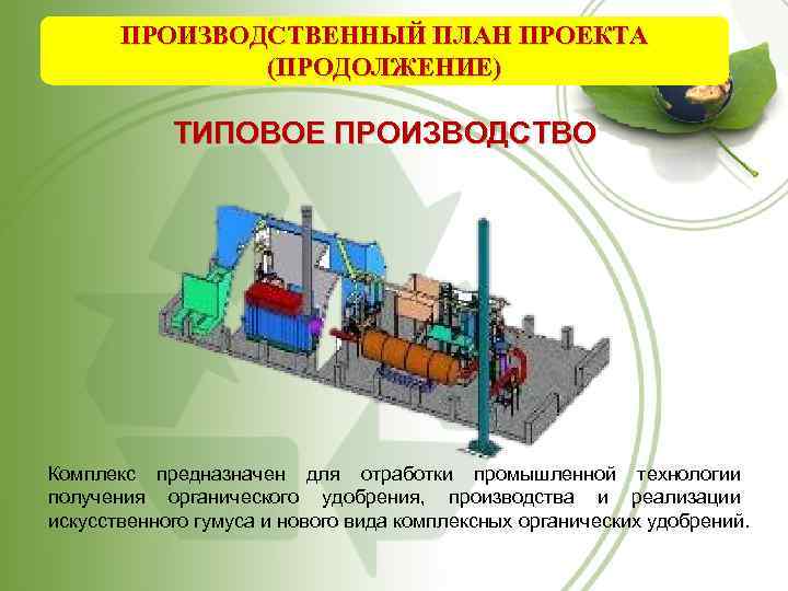 ПРОИЗВОДСТВЕННЫЙ ПЛАН ПРОЕКТА (ПРОДОЛЖЕНИЕ) ТИПОВОЕ ПРОИЗВОДСТВО Комплекс предназначен для отработки промышленной технологии получения органического