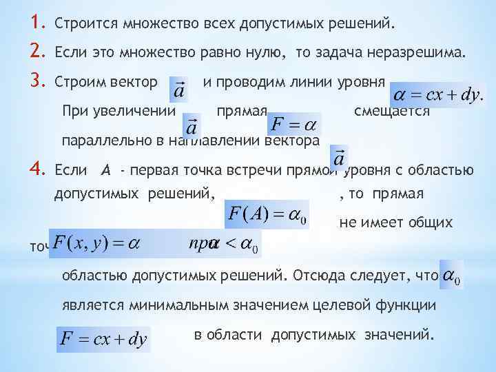 1. 2. 3. Строится множество всех допустимых решений. Если это множество равно нулю, то