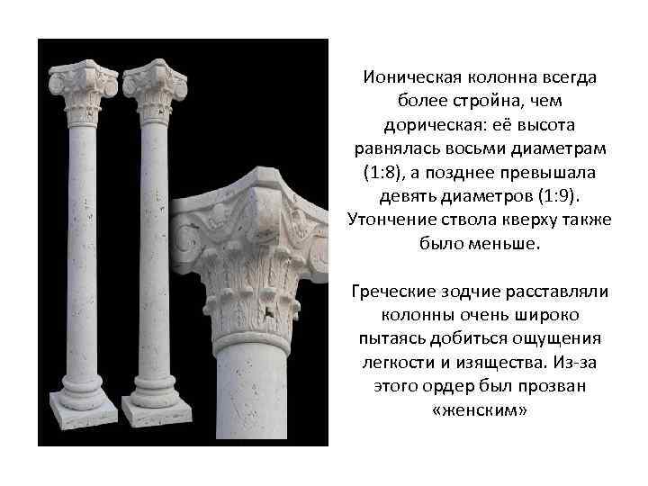 Ионическая колонна всегда более стройна, чем дорическая: её высота равнялась восьми диаметрам (1: 8),