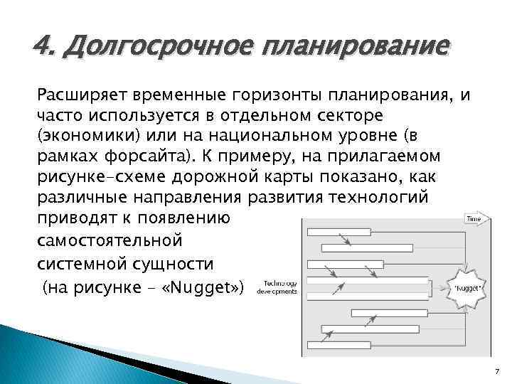 4. Долгосрочное планирование Расширяет временные горизонты планирования, и часто используется в отдельном секторе (экономики)