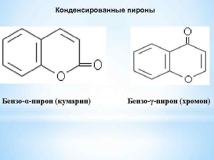 Конденсированные пироны Бензо-α-пирон (кумарин) Бензо-γ-пирон (хромон) 
