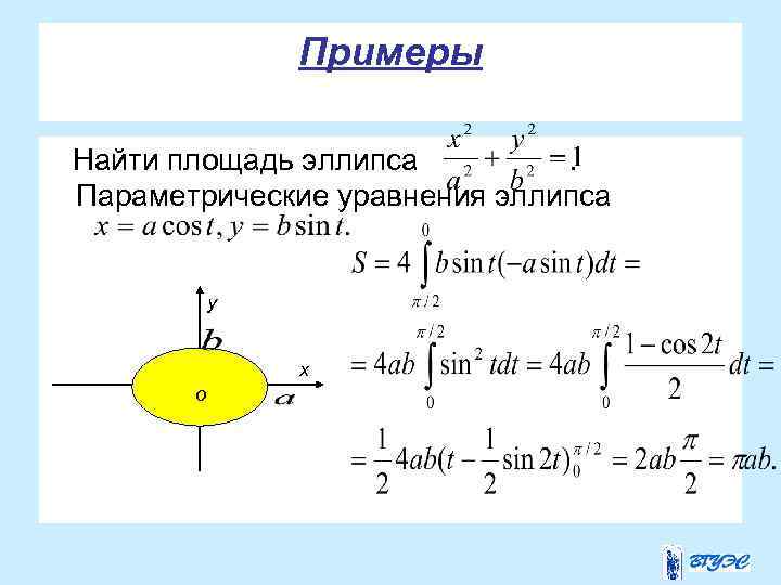 Примеры Найти площадь эллипса. Параметрические уравнения эллипса у х о 