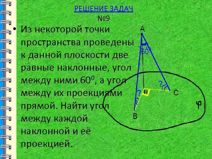 Наклонные проведенные из одной точки равны. Решение задач по теме перпендикуляр и Наклонная. Из некоторой точки проведены к плоскости две наклонные. Найти расстояние между углом и наклонной. Из точки проведена плоскость.