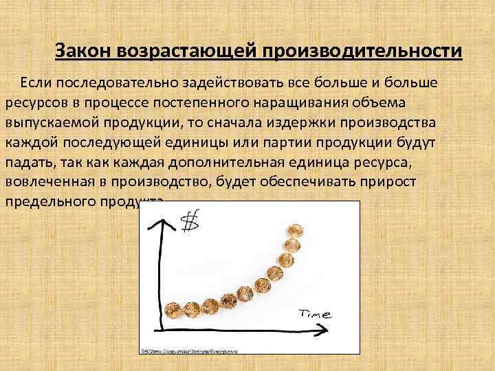 Закон возрастающей производительности Если последовательно задействовать все больше и больше ресурсов в процессе постепенного