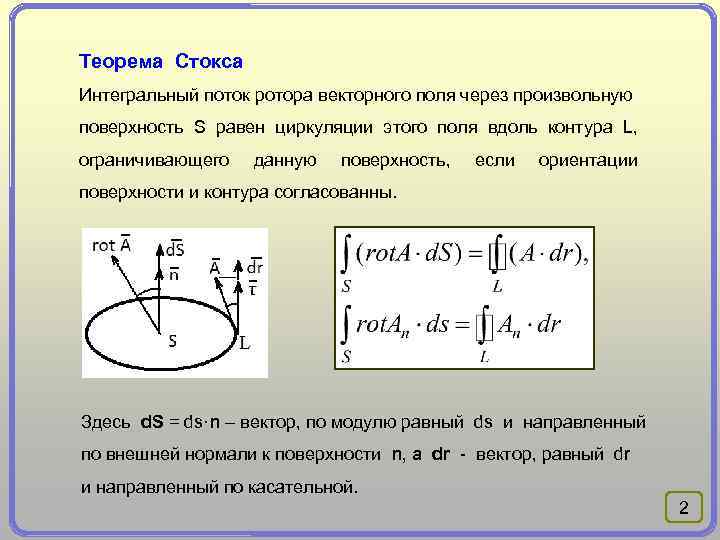 Теорема поля. Формула Стокса ротор. Теорема Стокса. Интегральная теорема Стокса. Векторная формулировка теоремы Стокса.