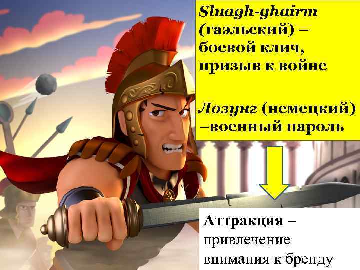 Sluagh-ghairm (гаэльский) – боевой клич, призыв к войне Лозунг (немецкий) –военный пароль Аттракция –