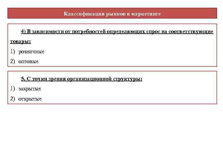 Классификация рынков в маркетинге 4) В зависимости от потребностей определяющих спрос на соответствующие товары: