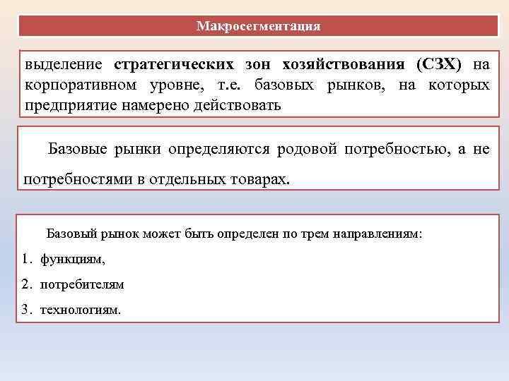 Макросегментация выделение стратегических зон хозяйствования (СЗХ) на корпоративном уровне, т. е. базовых рынков, на