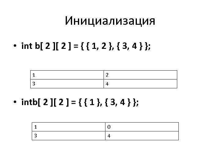 Инициализация • int b[ 2 ] = { { 1, 2 }, { 3,