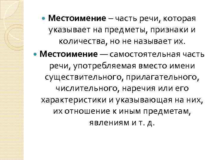 Местоимение – часть речи, которая указывает на предметы, признаки и количества, но не называет