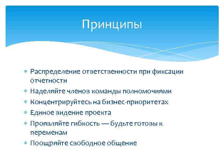Принципы Распределение ответственности при фиксации отчетности Наделяйте членов команды полномочиями Концентрируйтесь на бизнес-приоритетах Единое