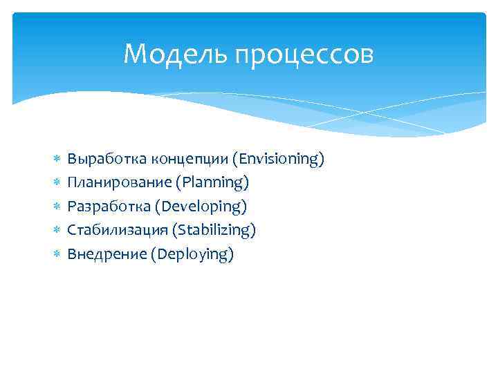 Модель процессов Выработка концепции (Envisioning) Планирование (Planning) Разработка (Developing) Стабилизация (Stabilizing) Внедрение (Deploying) 