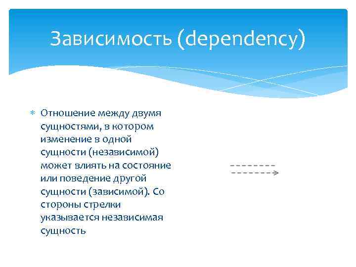 Зависимость (dependency) Отношение между двумя сущностями, в котором изменение в одной сущности (независимой) может