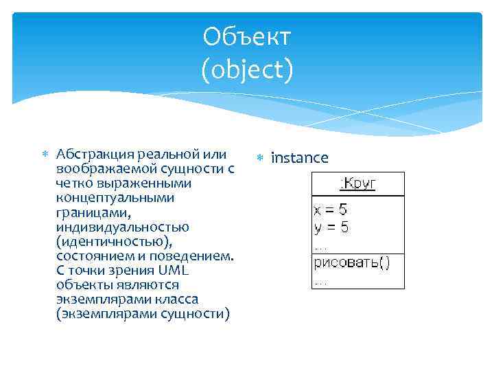 Объект (object) Абстракция реальной или воображаемой сущности с четко выраженными концептуальными границами, индивидуальностью (идентичностью),