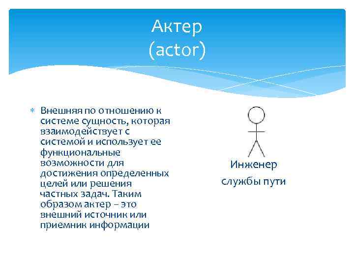 Актер (actor) Внешняя по отношению к системе сущность, которая взаимодействует с системой и использует