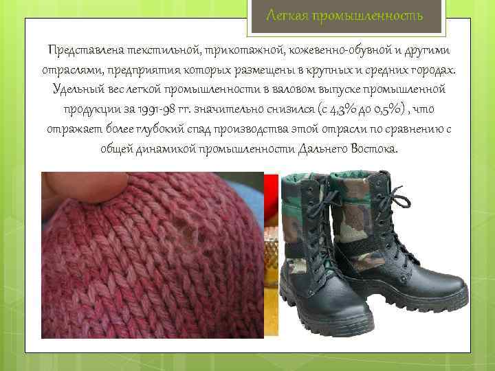 Легкая промышленность Представлена текстильной, трикотажной, кожевенно обувной и другими отраслями, предприятия которых размещены в