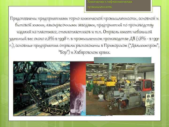 Химическая и нефтехимическая промышленность Представлены предприятиями горно химической промышленности, основной и бытовой химии, лакокрасочными