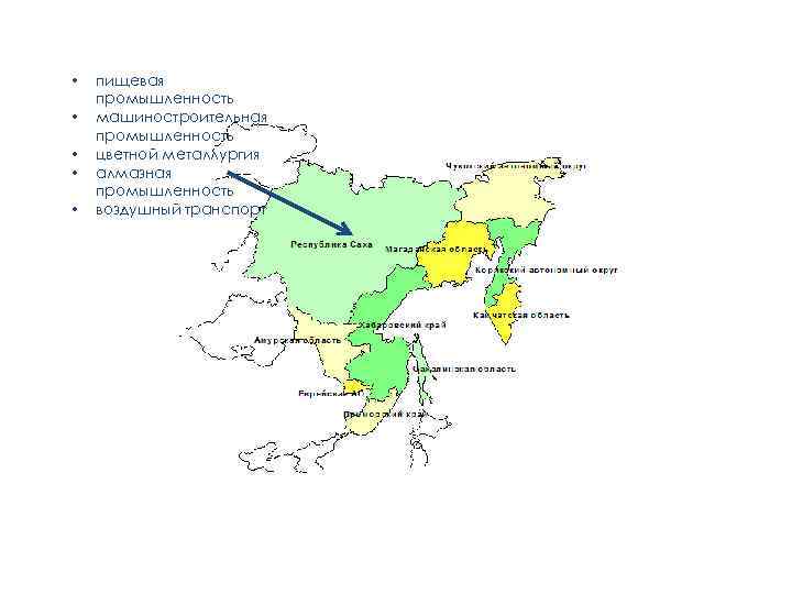  • • • пищевая промышленность машиностроительная промышленность цветной металлургия алмазная промышленность воздушный транспорт