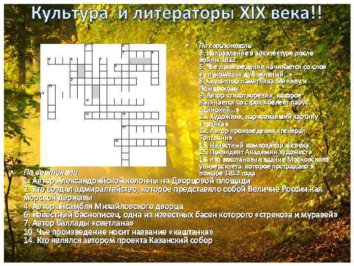 Культура и литераторы XIX века!! • • По горизонтали 3. Направление в архитектуре после