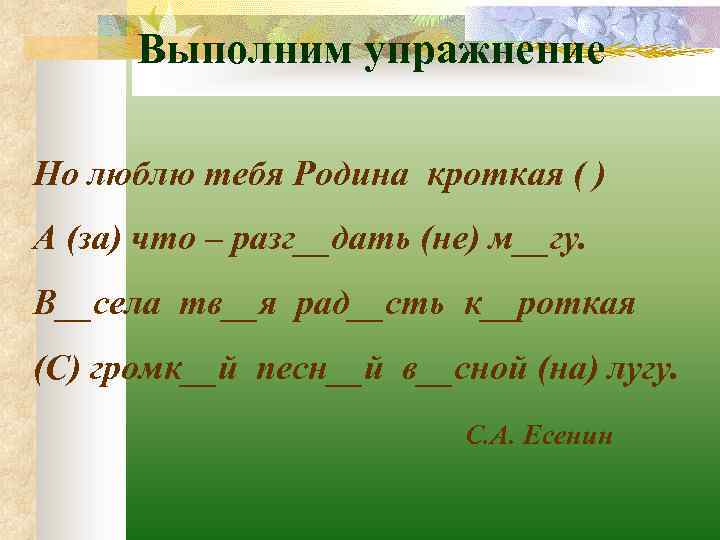 Выполним упражнение Но люблю тебя Родина кроткая ( ) А (за) что – разг__дать