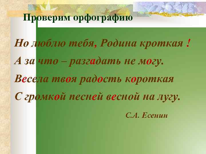 Проверим орфографию Но люблю тебя, Родина кроткая ! А за что – разгадать не