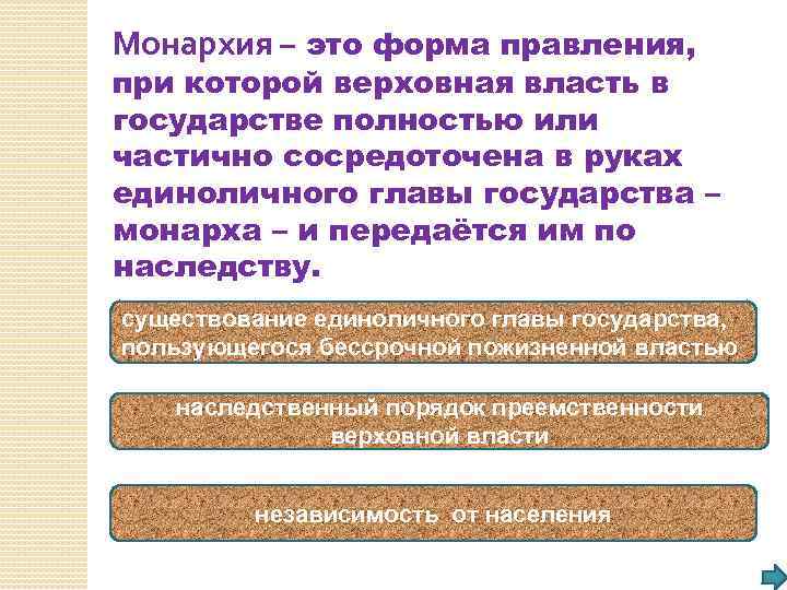 Монархия – это форма правления, при которой верховная власть в государстве полностью или частично
