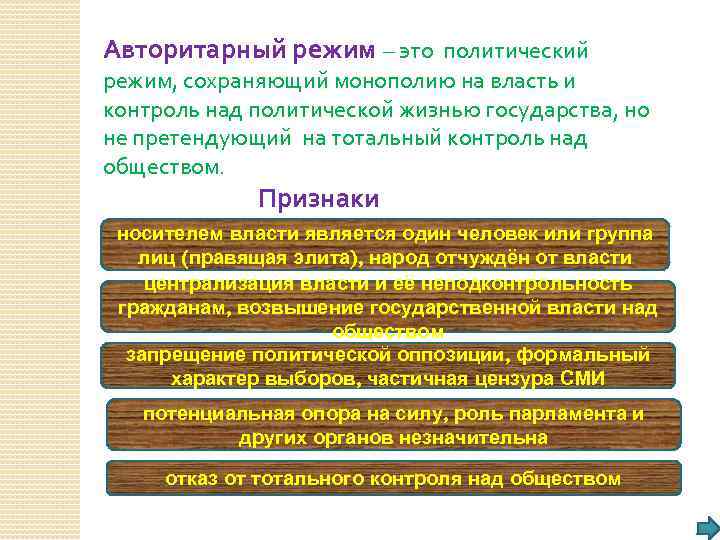 Авторитарный режим – это политический режим, сохраняющий монополию на власть и контроль над политической