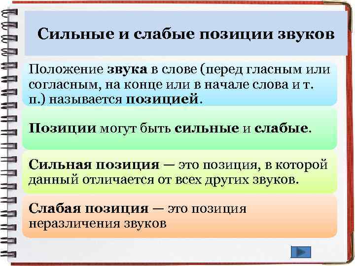 Сильные и слабые позиции звуков Положение звука в слове (перед гласным или согласным, на