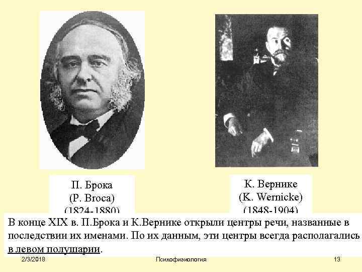 К. Вернике П. Брока (K. Wernicke) (P. Broca) (1848 -1904) (1824 -1880) В конце