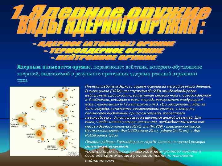 Ядерным называется оружие, поражающее действия, которого обусловлено энергией, выделяемой в результате протекания ядерных реакций