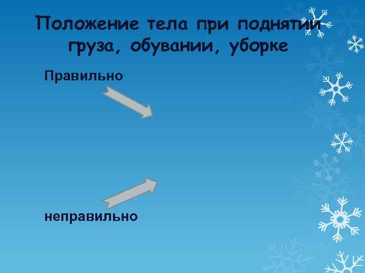 Положение тела при поднятии груза, обувании, уборке Правильно неправильно 