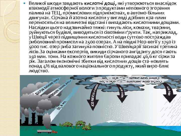  Великої шкоди завдають кислотні дощі, які утворюються внаслідок взаємодії атмосферної вологи з продуктами
