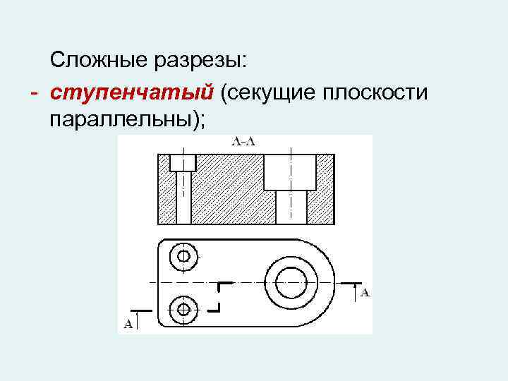 Ступенчатый. Сложный ступенчатый разрез детали. Секущая плоскость в ступенчатом разрезе. Сложные разрезы( ступенчатый фронтальный разрез ломанный разрез). Целесообразны сложный ступенчатый разрез.