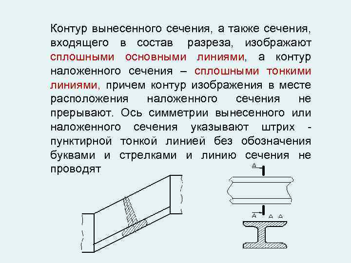 Контур вынесенного сечения, а также сечения, входящего в состав разреза, изображают сплошными основными линиями,