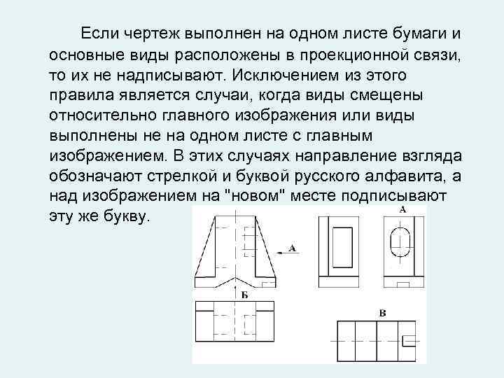 Если чертеж выполнен на одном листе бумаги и основные виды расположены в проекционной связи,