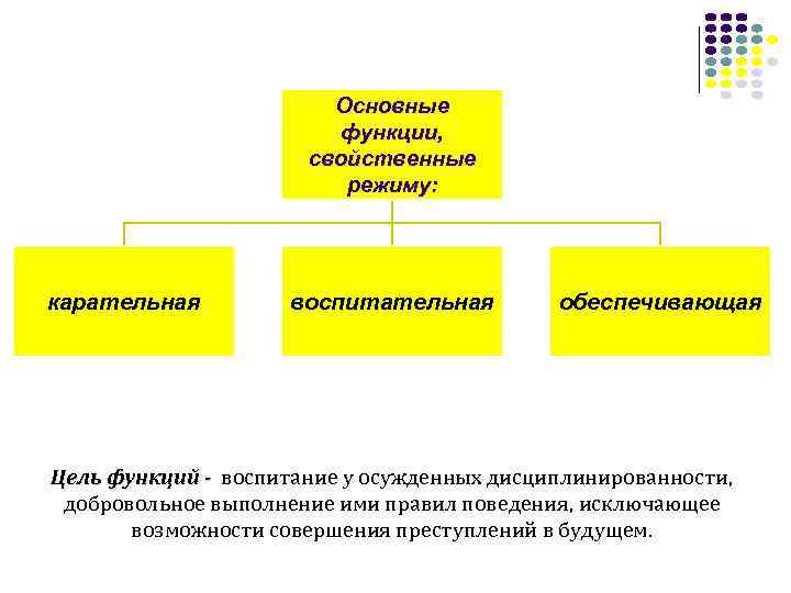 Основные функции, свойственные режиму: карательная воспитательная обеспечивающая Цель функций - воспитание у осужденных дисциплинированности,
