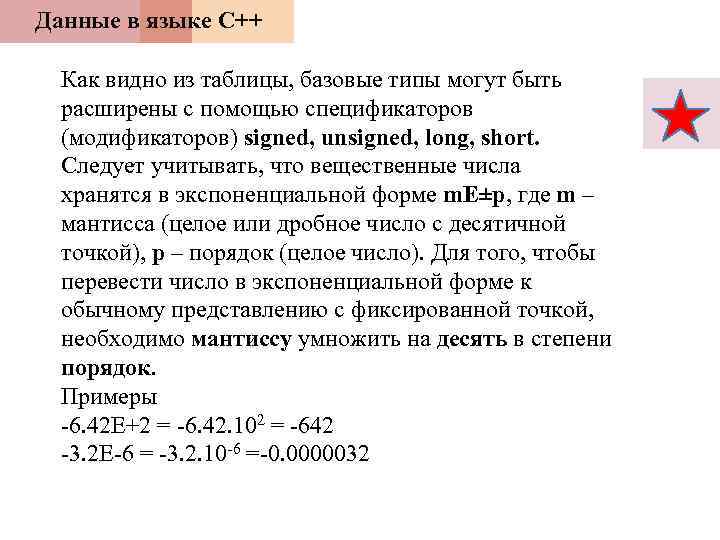 Данные в языке С++ Как видно из таблицы, базовые типы могут быть расширены с