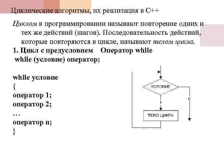 Циклические алгоритмы, их реализация в С++ Циклом в программировании называют повторение одних и тех