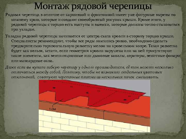 Монтаж рядовой черепицы Рядовая черепица в отличие от карнизной и фронтонной имеет уже фигурные