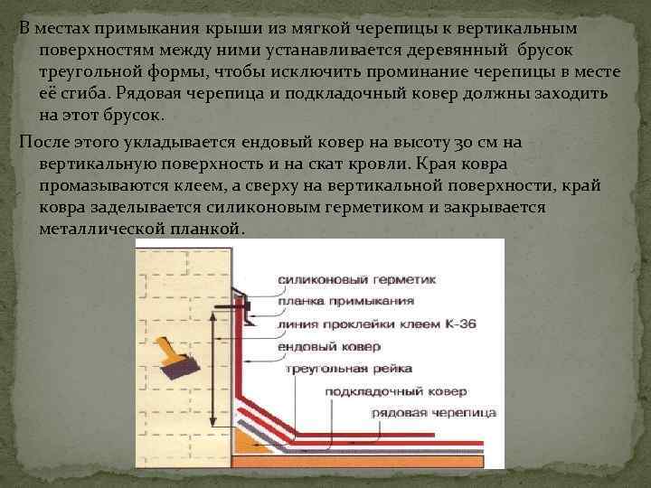 В местах примыкания крыши из мягкой черепицы к вертикальным поверхностям между ними устанавливается деревянный