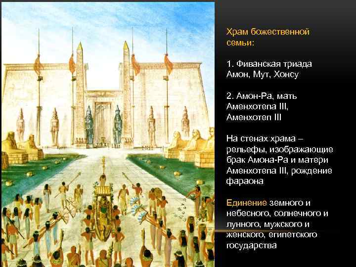 Храм божественной семьи: 1. Фиванская триада Амон, Мут, Хонсу 2. Амон-Ра, мать Аменхотепа III,