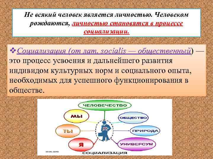 Не всякий человек является личностью. Человеком рождаются, личностью становятся в процессе социализации. v. Социализация